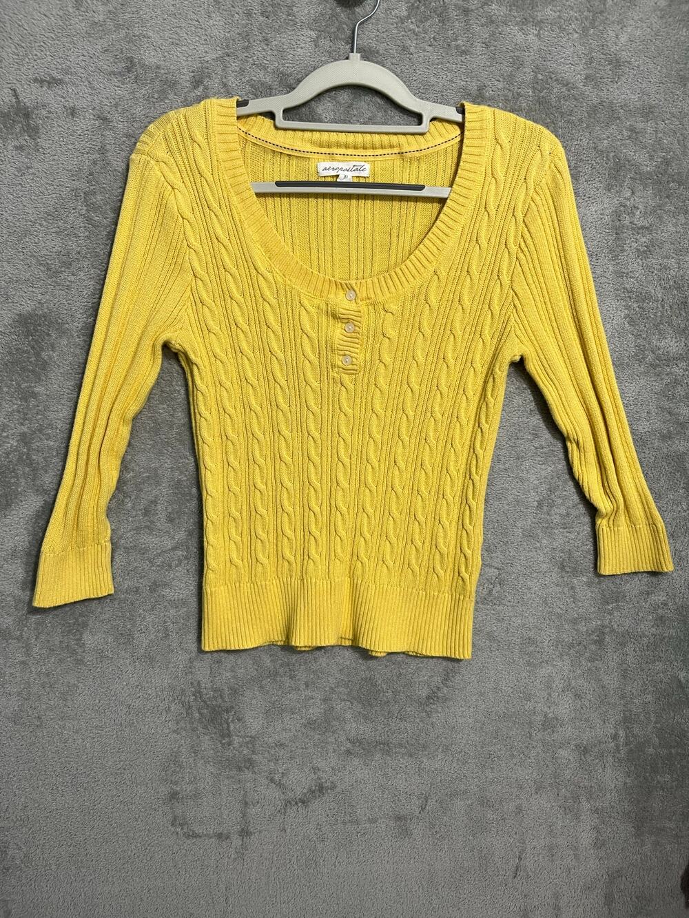 Y2K Aeropostale Butter Yellow Cable Knit Sweater Medium 3/4 Sleeve Preppy Twee